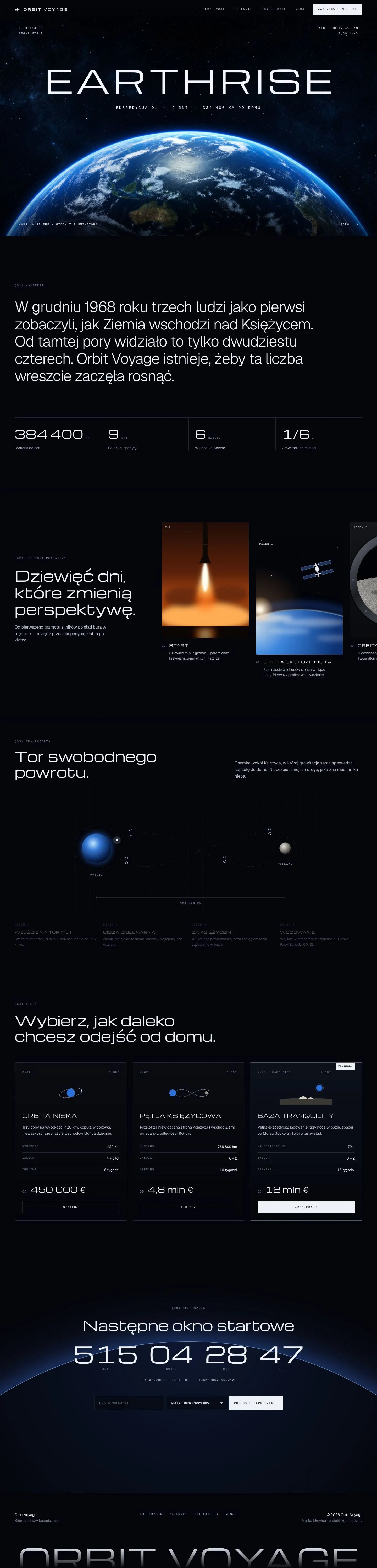 Strona Orbit Voyage po kursie: Ziemia widziana z orbity pod wielkim napisem Earthrise