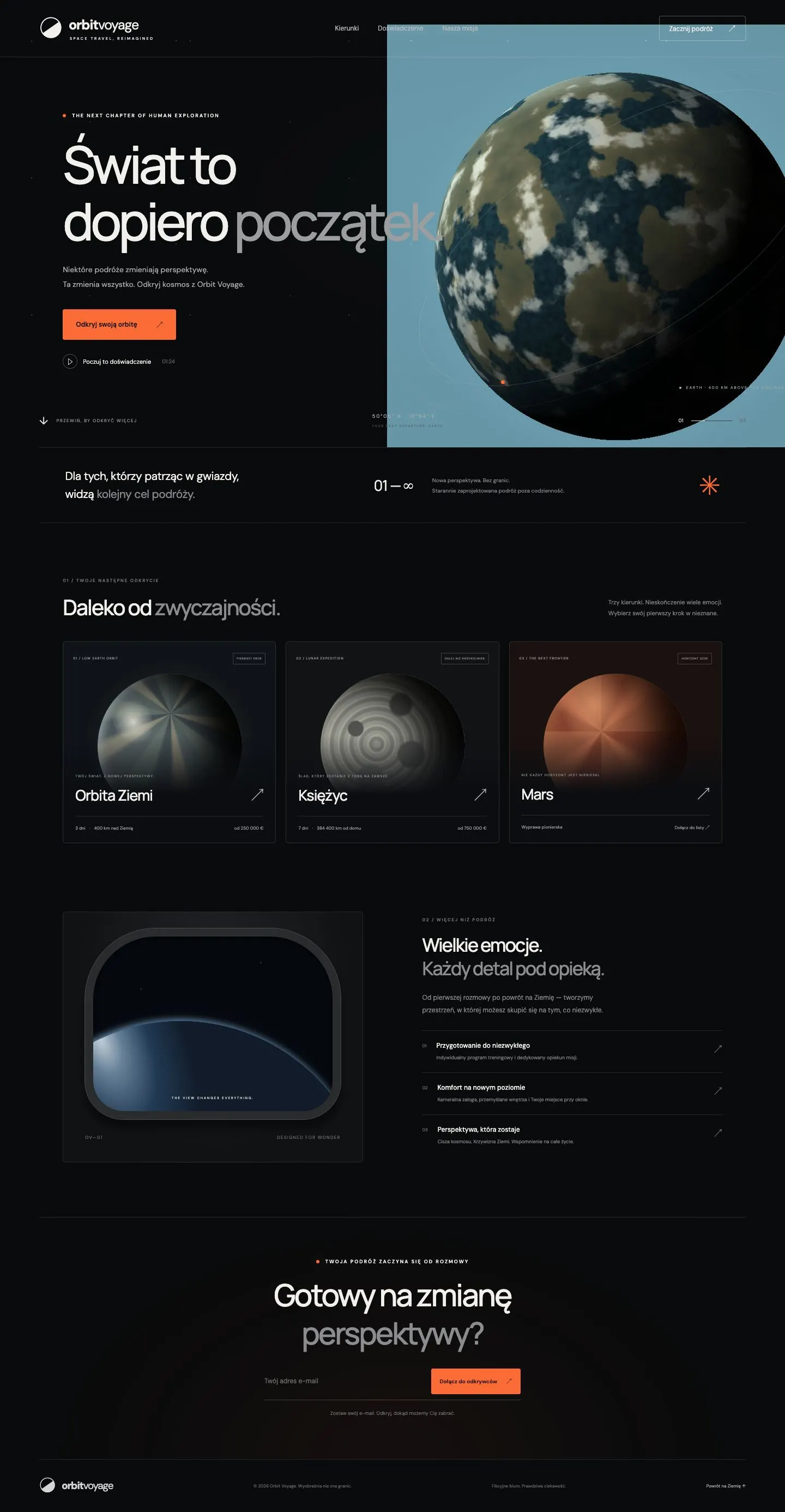 Strona Orbit Voyage przed kursem: ciemny szablon z planetą i nagłówkiem „Świat to dopiero początek”